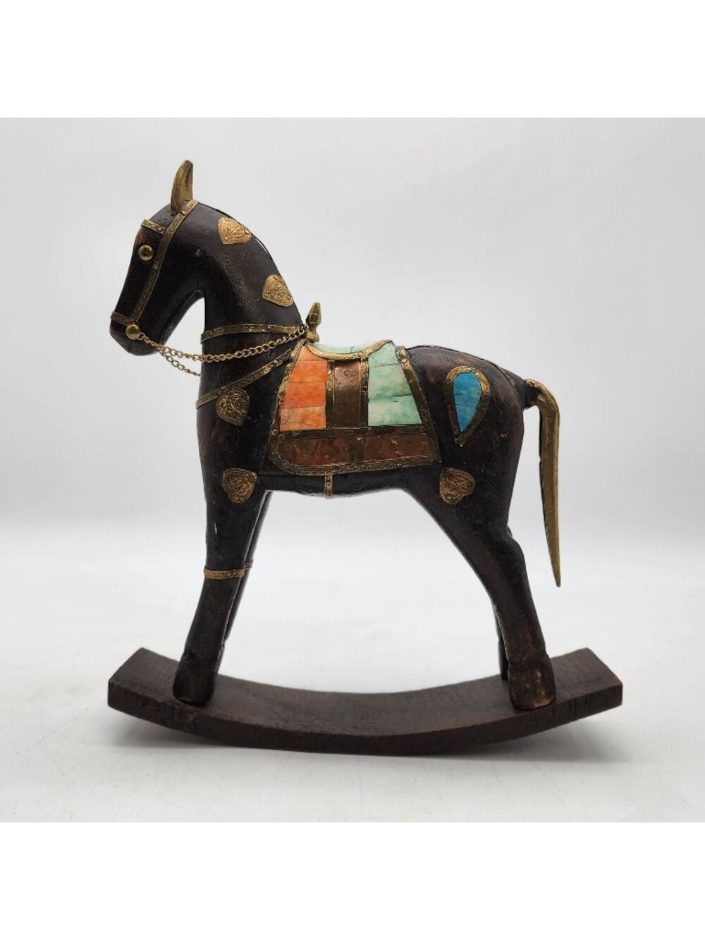 Solid Wood Carved Rocking Horse Embellished With Gemstones and Brass Accents
